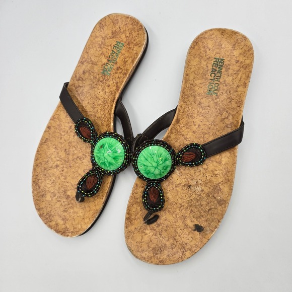 Kenneth Cole Reaction Sandals Thong Beaded Green Brown Cork Size 7.5 - Picture 2 of 5